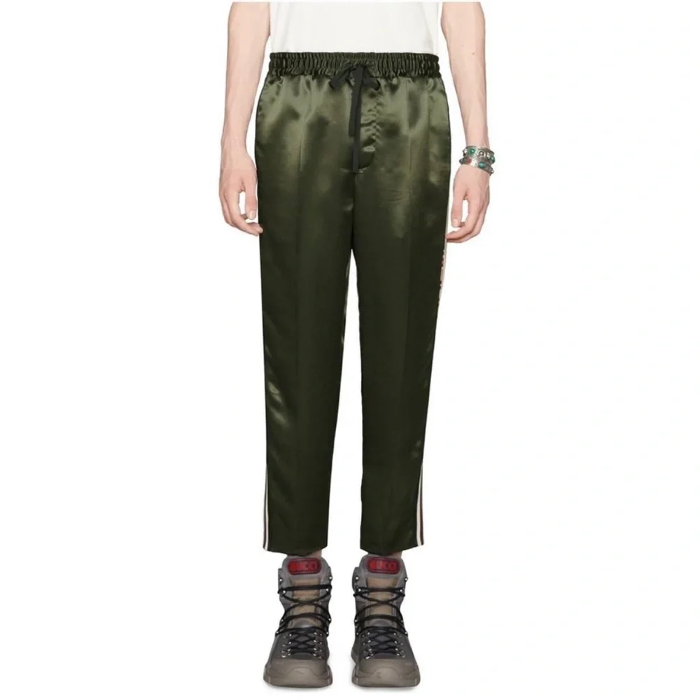 GUCCI MENS ACETATE SILK JOGGING STRIPE GREEN PANTS SIZE 52 EU - Picture 2 of 10